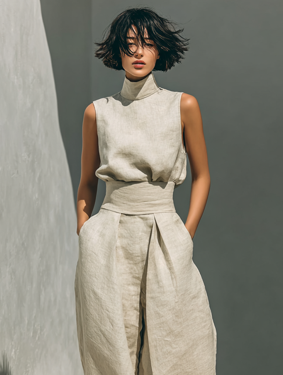 Maria - Women's Minimalist Cotton Linen Tank Top & Wide-Leg Trousers Set