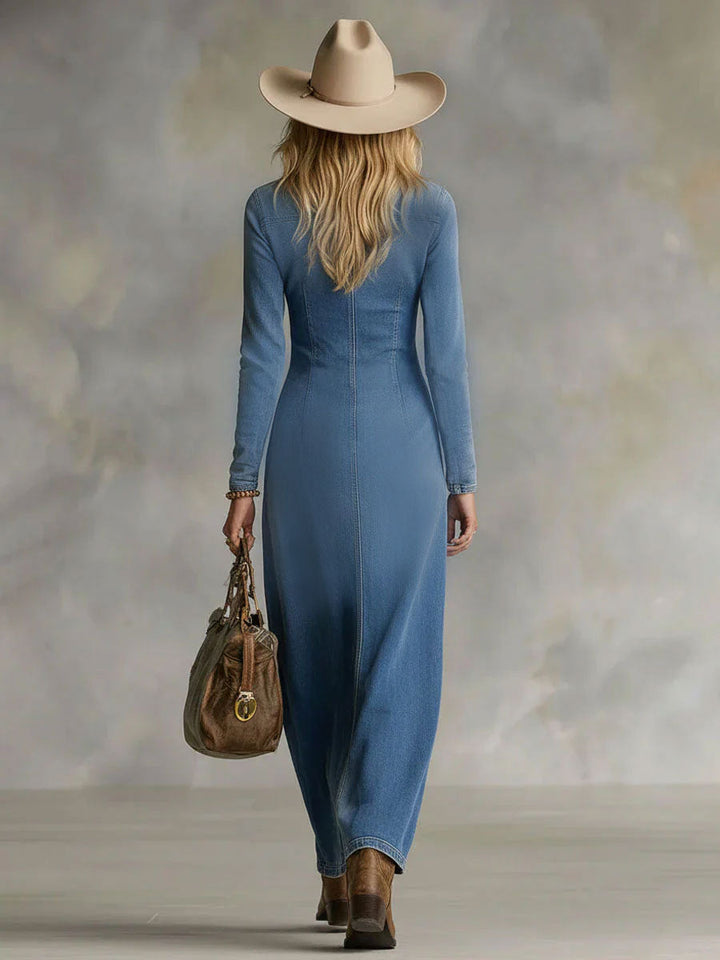 Karyn | V-neck Single-breasted Side-slit Denim Long-sleeved Maxi Dress