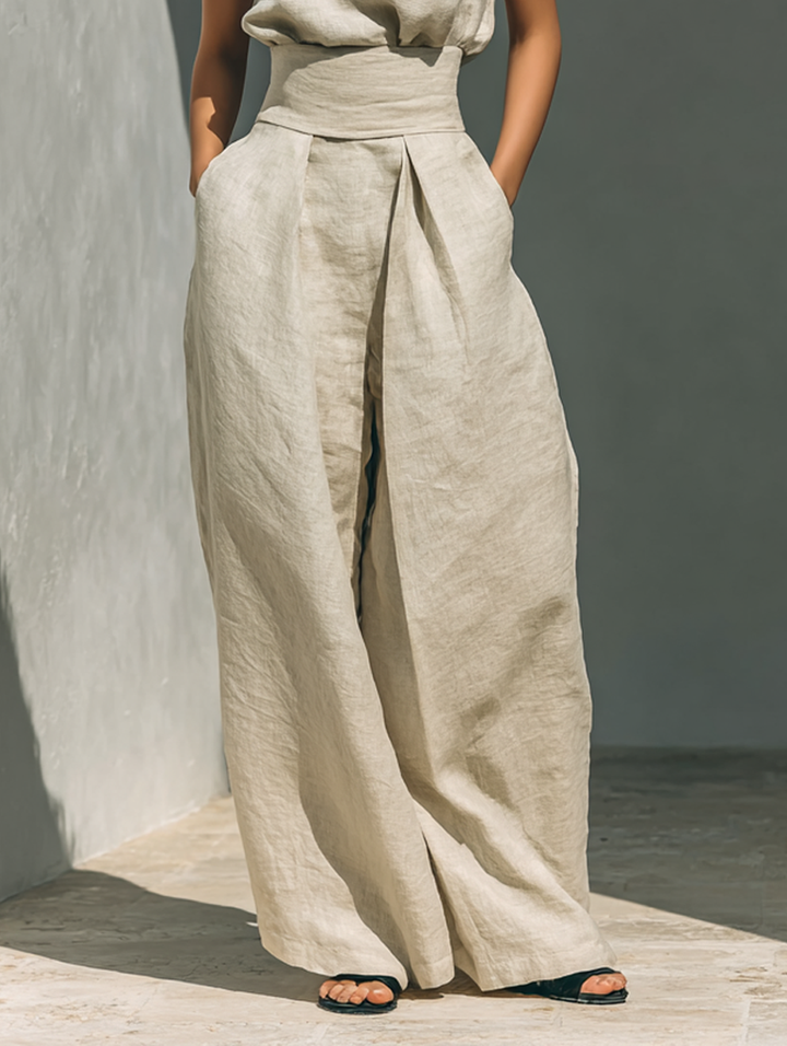 Maria - Women's Minimalist Cotton Linen Tank Top & Wide-Leg Trousers Set