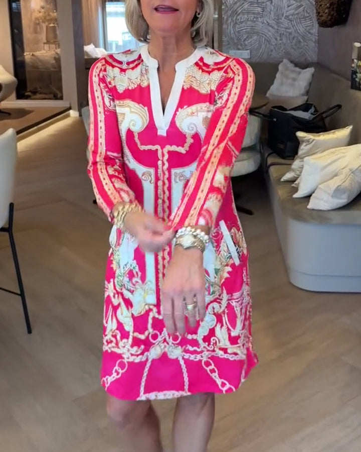 AOIBHEANN | PRINTED V-NECK DRESS WITH 3/4 SLEEVES