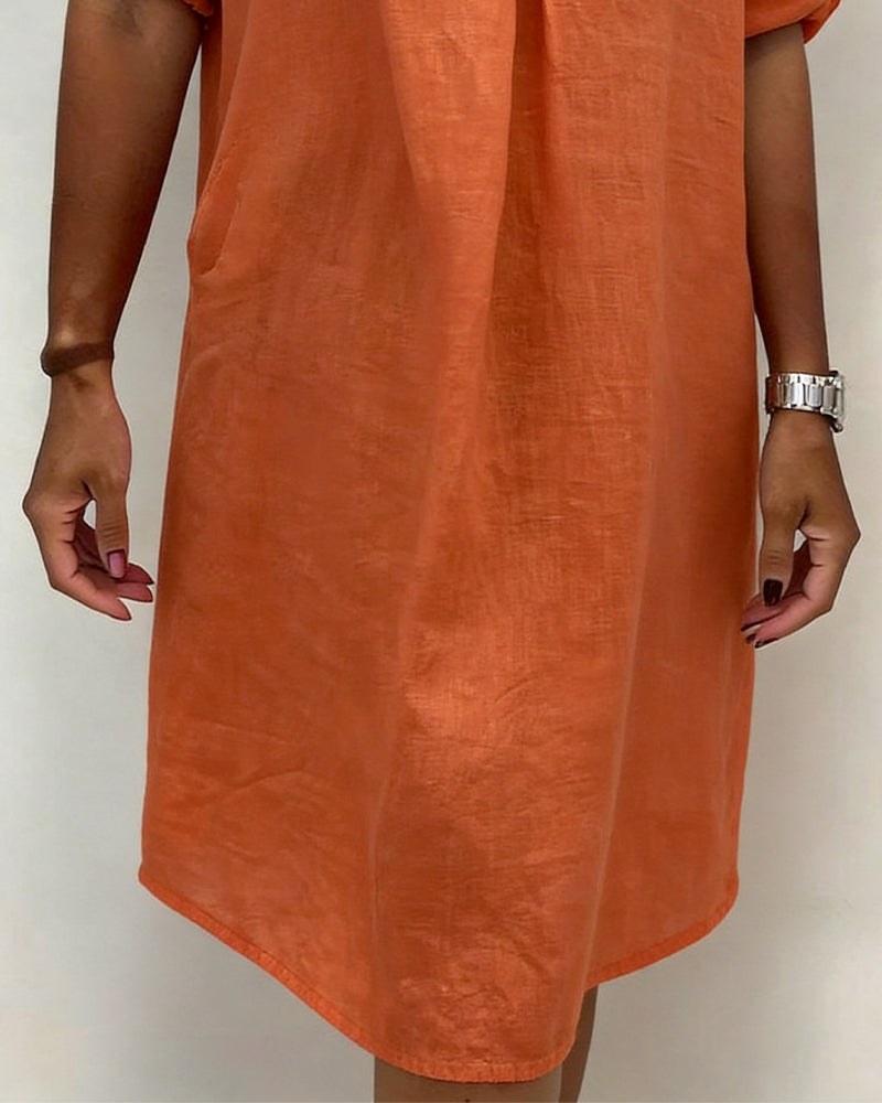 BLATHNAID | PLEATED 100% COTTON V-NECK DRESS