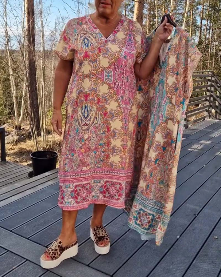 Anne | Printed V Neck Midi Dress