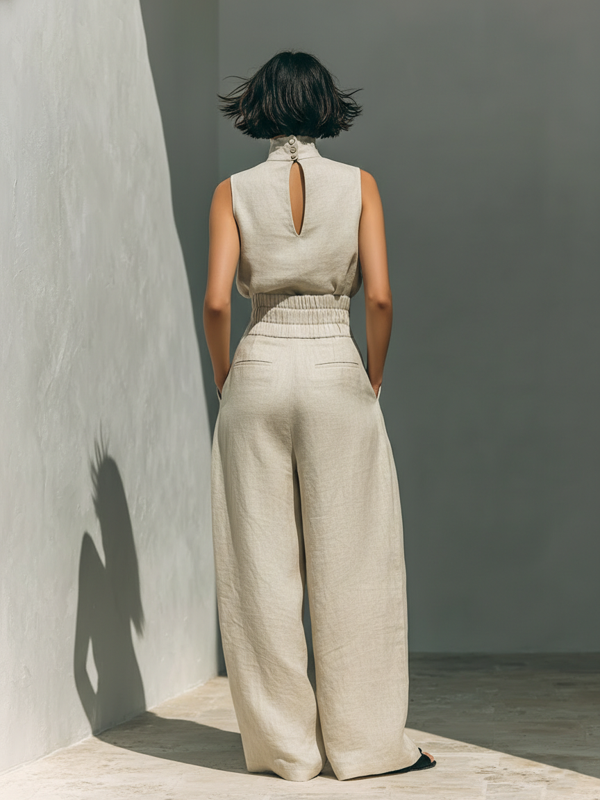 Maria - Women's Minimalist Cotton Linen Tank Top & Wide-Leg Trousers Set