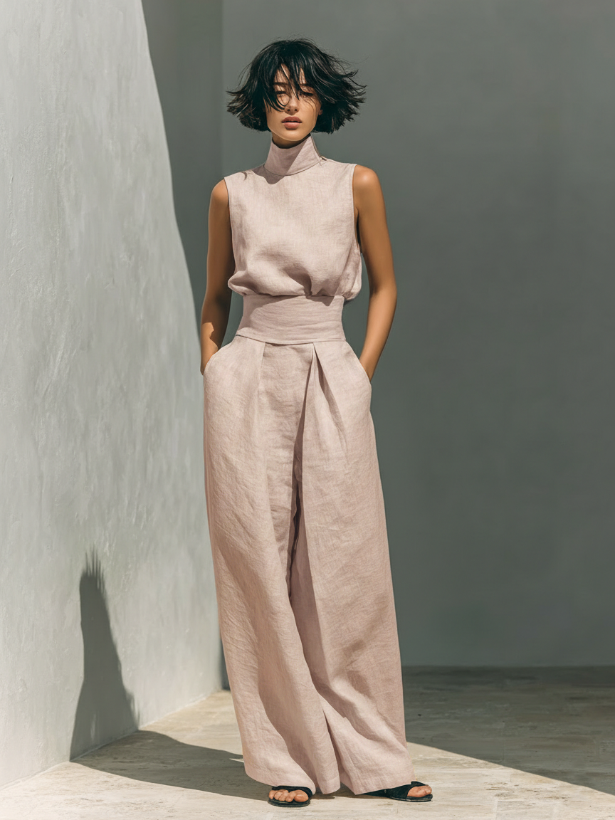 Maria - Women's Minimalist Cotton Linen Tank Top & Wide-Leg Trousers Set