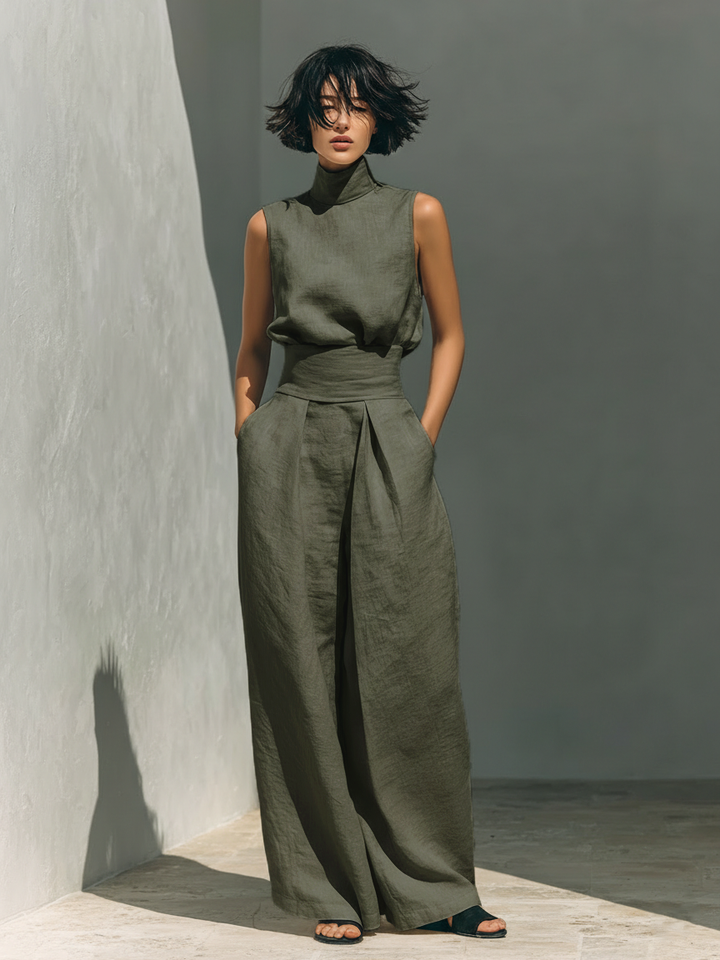 Maria - Women's Minimalist Cotton Linen Tank Top & Wide-Leg Trousers Set