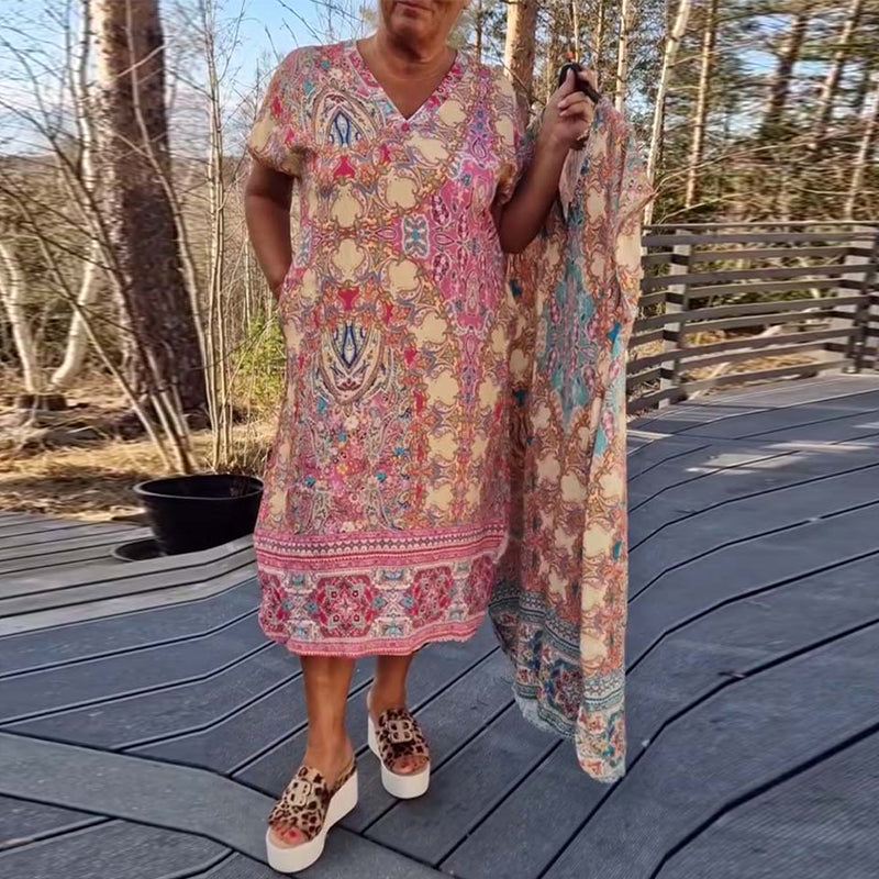 Anne | Printed V Neck Midi Dress