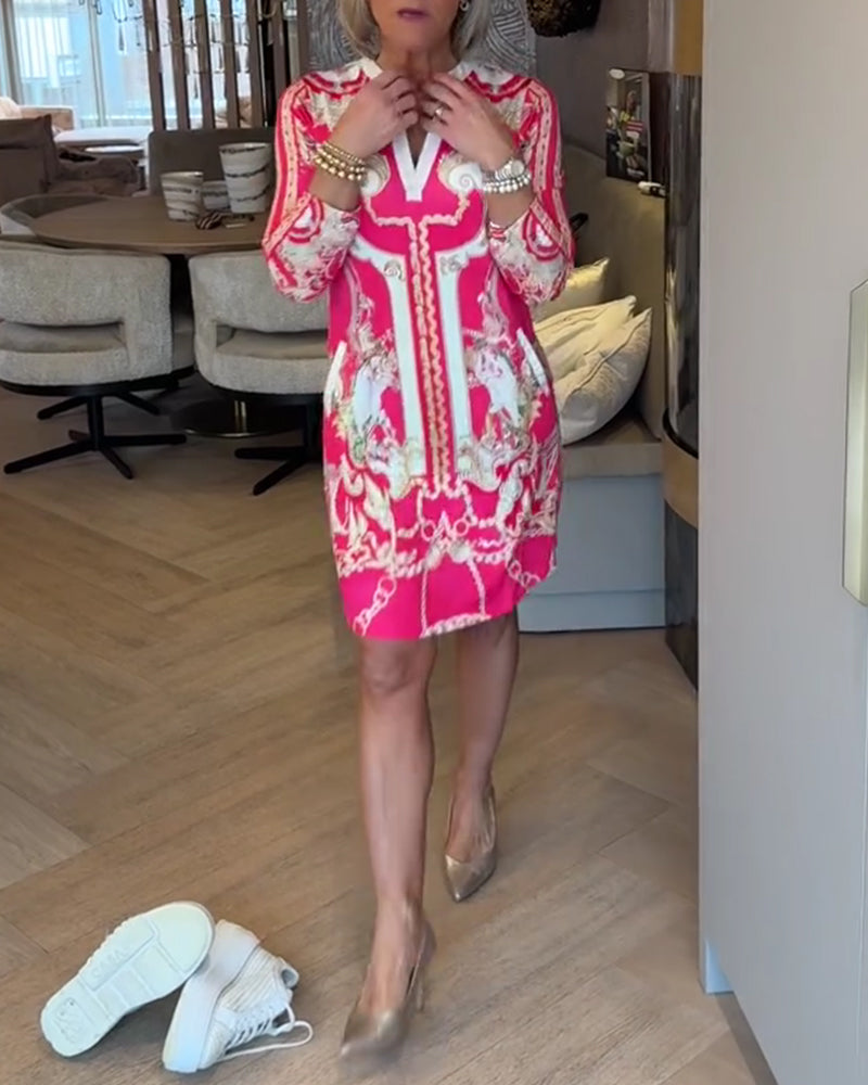 AOIBHEANN | PRINTED V-NECK DRESS WITH 3/4 SLEEVES