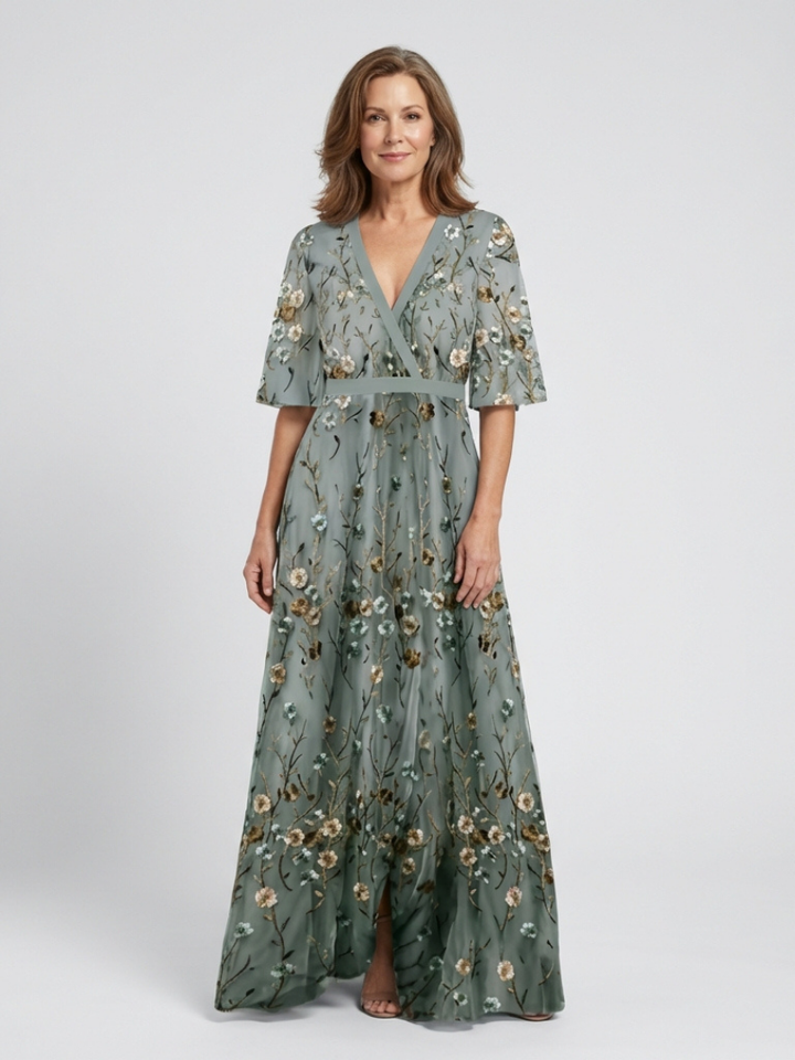 Ozia | Embroidered V Neck Maxi Dress