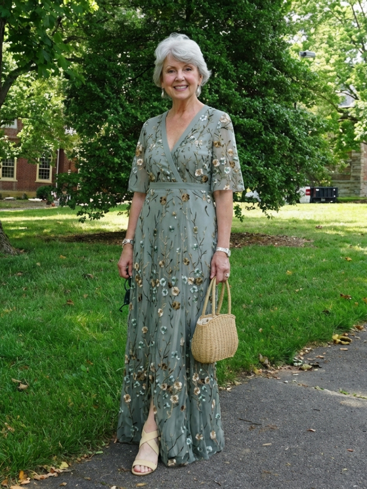 Ozia | Embroidered V Neck Maxi Dress
