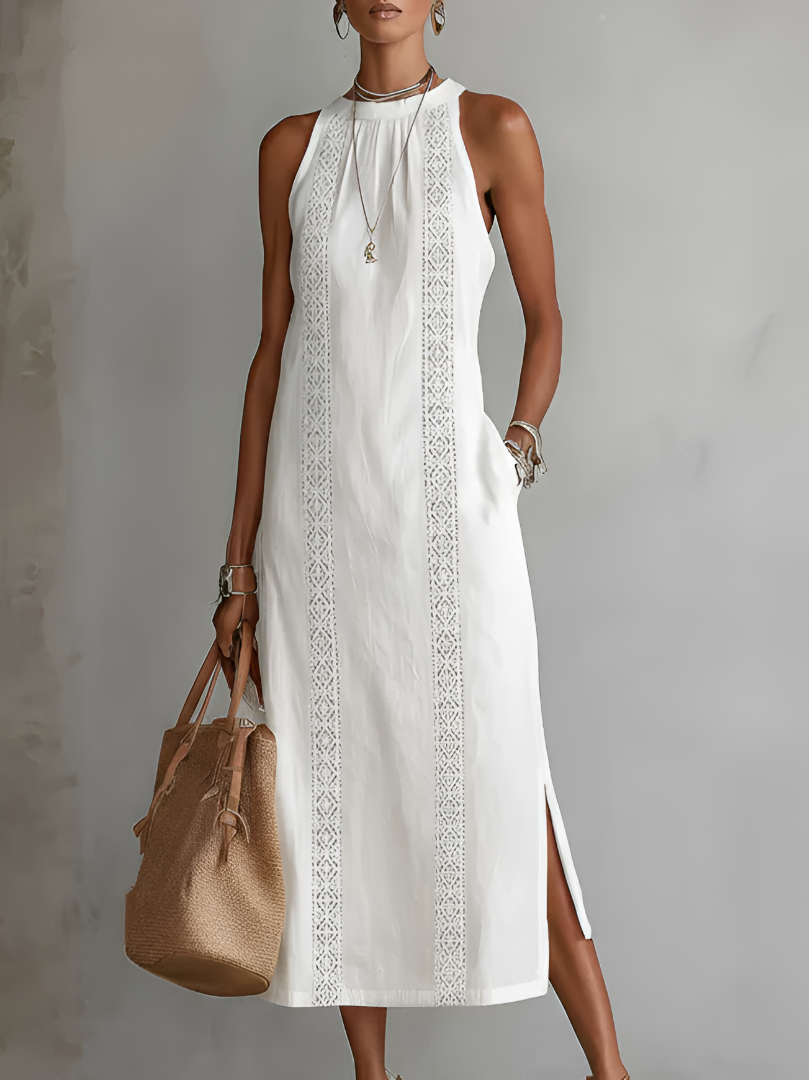 Margaret | Linen Midi Dress with Mao Collar