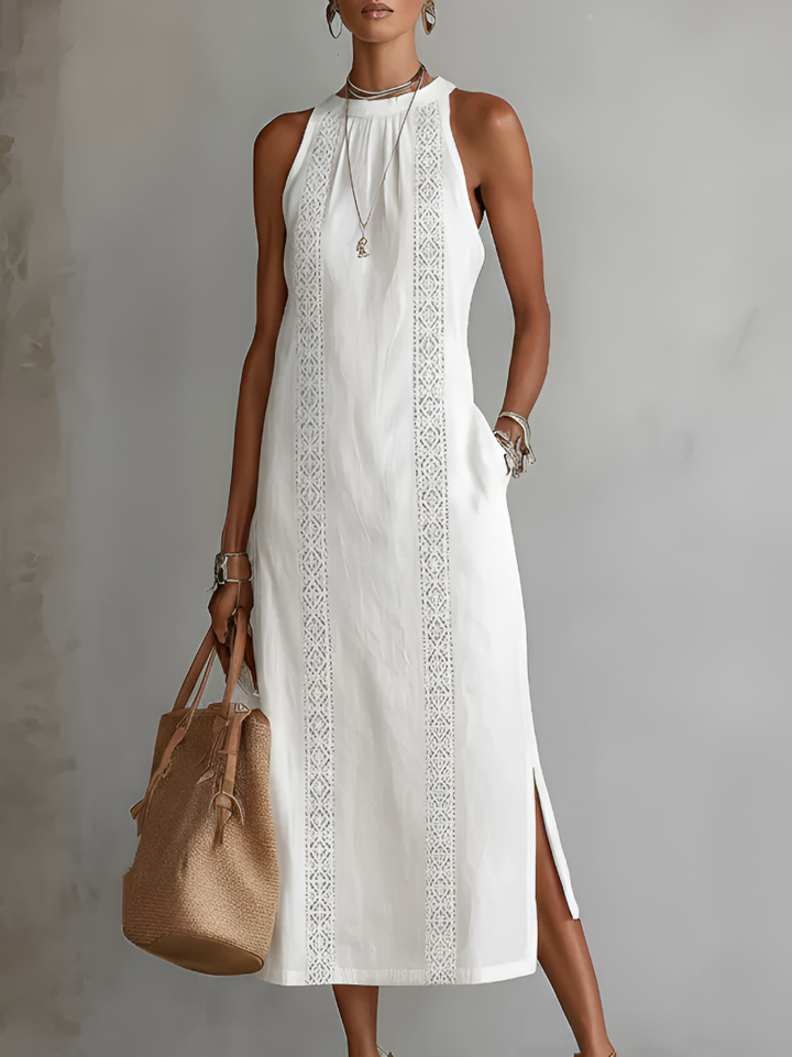 Margaret | Linen Midi Dress with Mao Collar