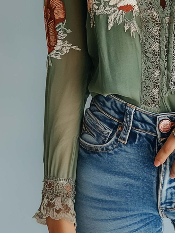 Gilda - Bohemian Floral Blouse with Lace