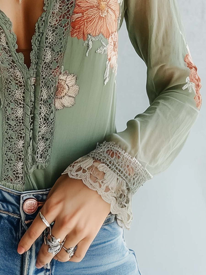 Gilda - Bohemian Floral Blouse with Lace