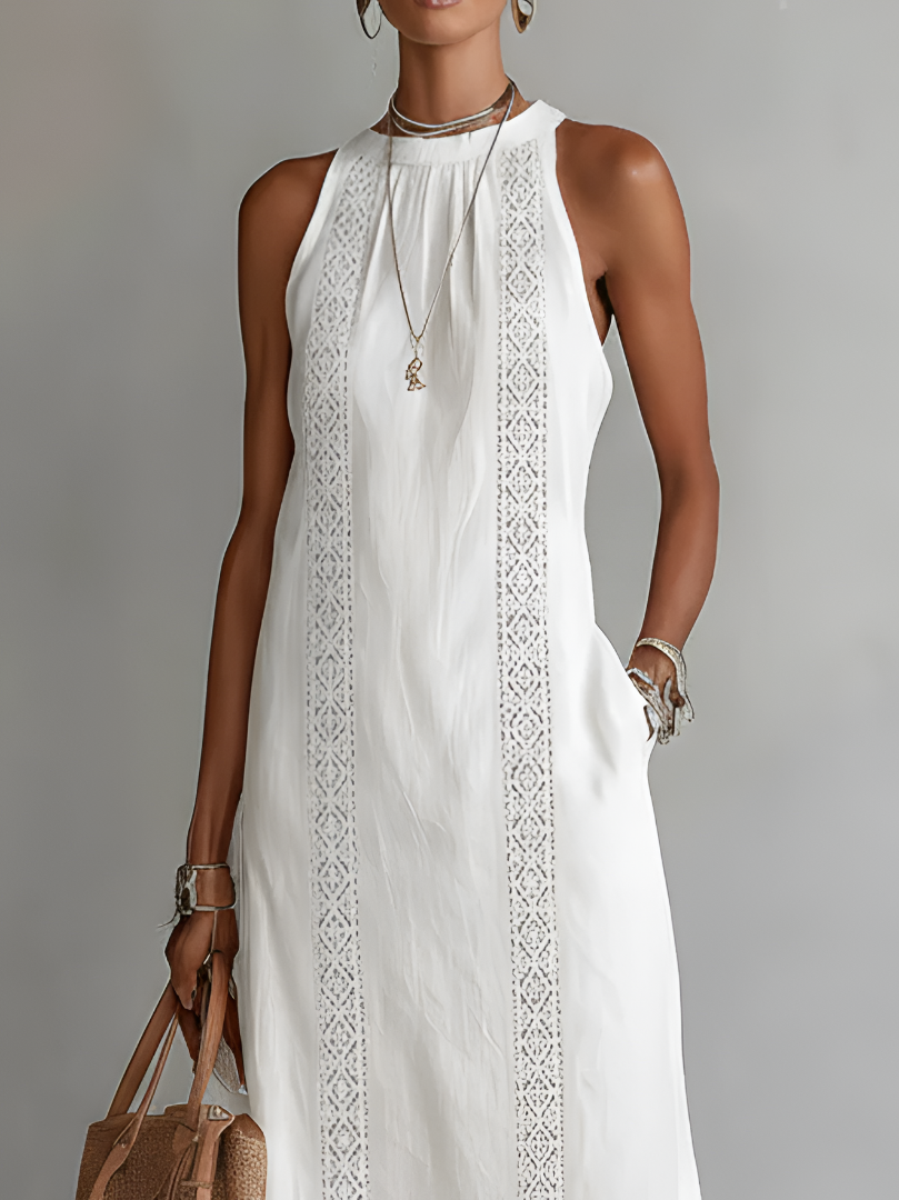 Margaret | Linen Midi Dress with Mao Collar
